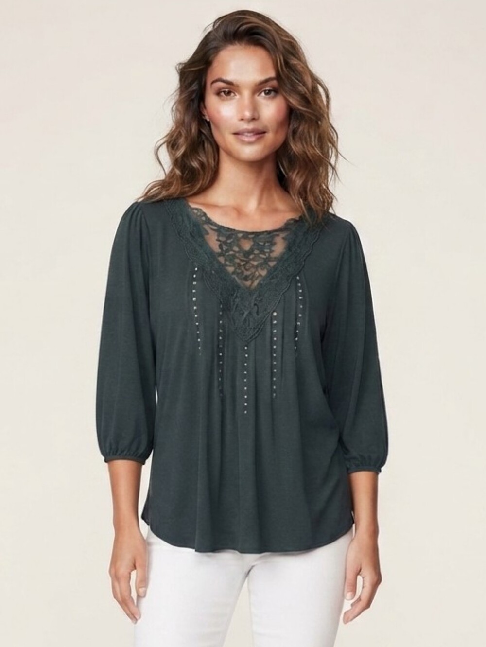 New Women's Forrest Green V-Neck Embellished Relaxed Fit Blouse Medium